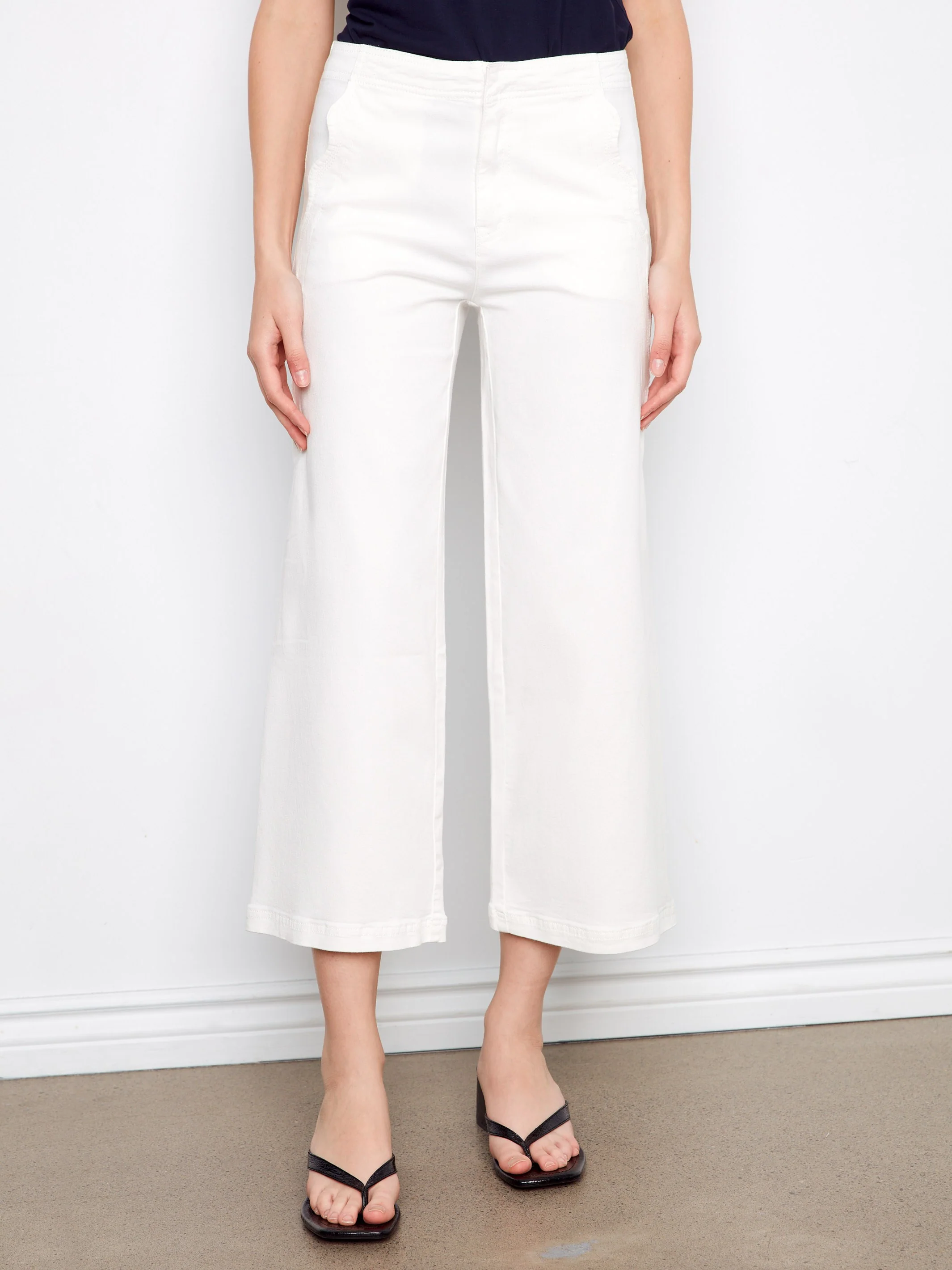 Wide Leg Twill Pants With Scalloped Edges - White - Image 3