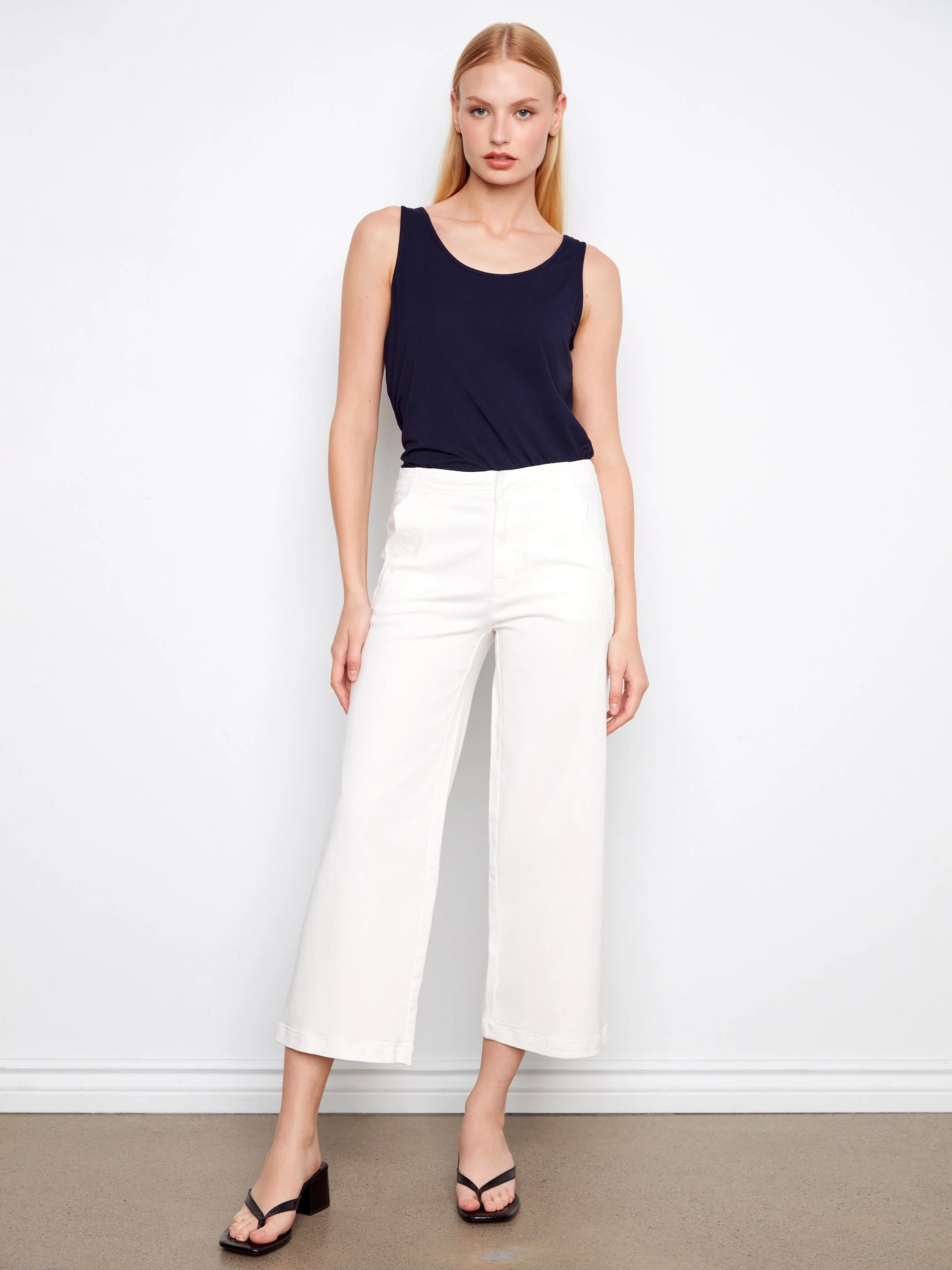 Wide Leg Twill Pants With Scalloped Edges - White - Image 4