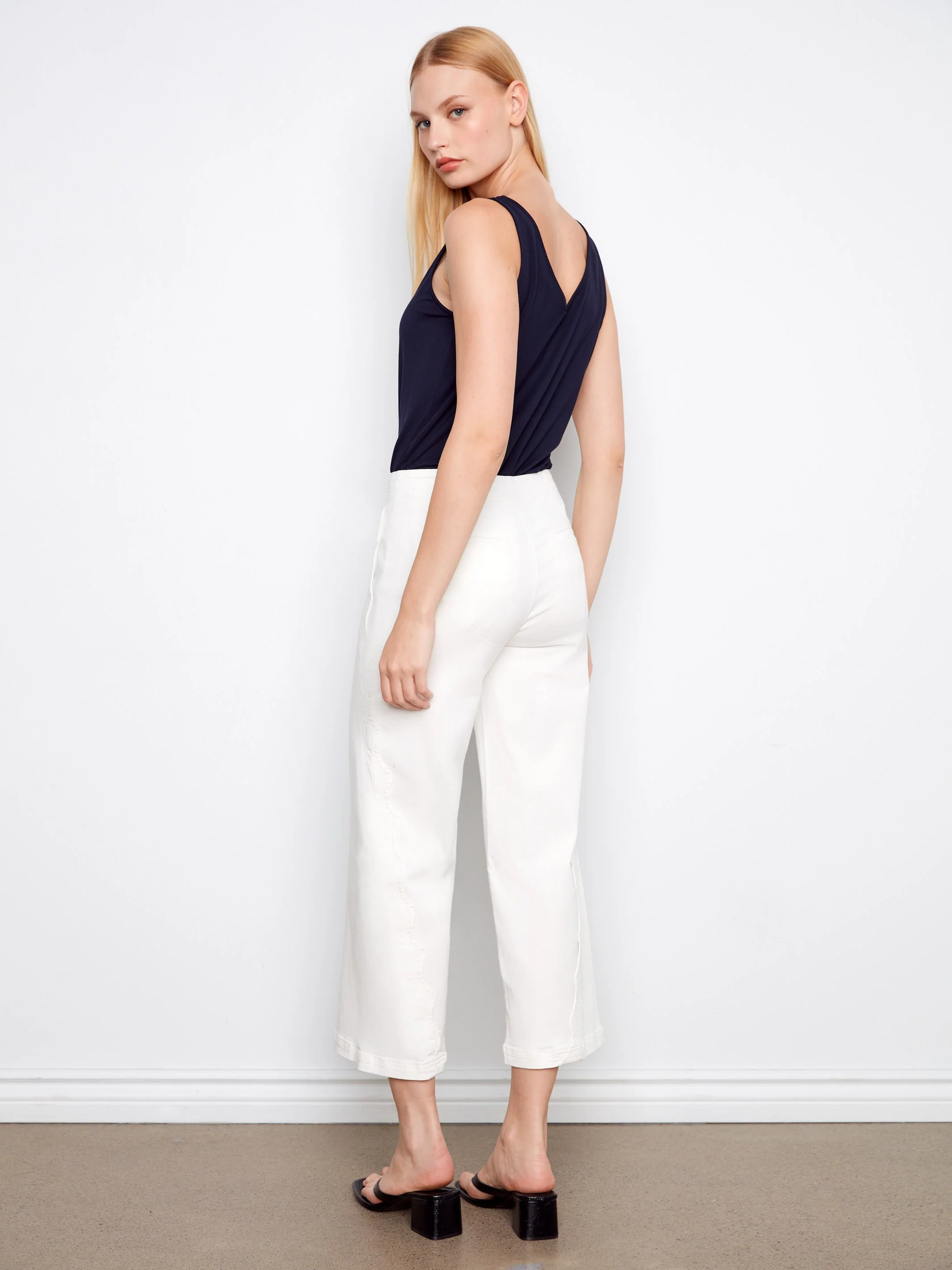 Wide Leg Twill Pants With Scalloped Edges - White - Image 5